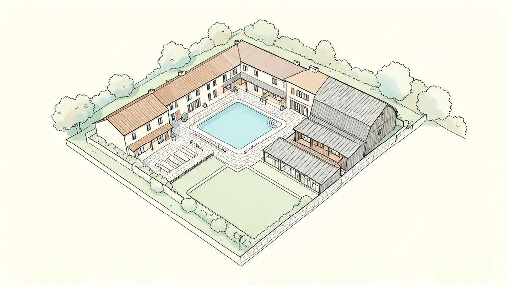 Vue aérienne d'un domaine gascon avec cour en pierre, piscine et anciennes écuries rénovées