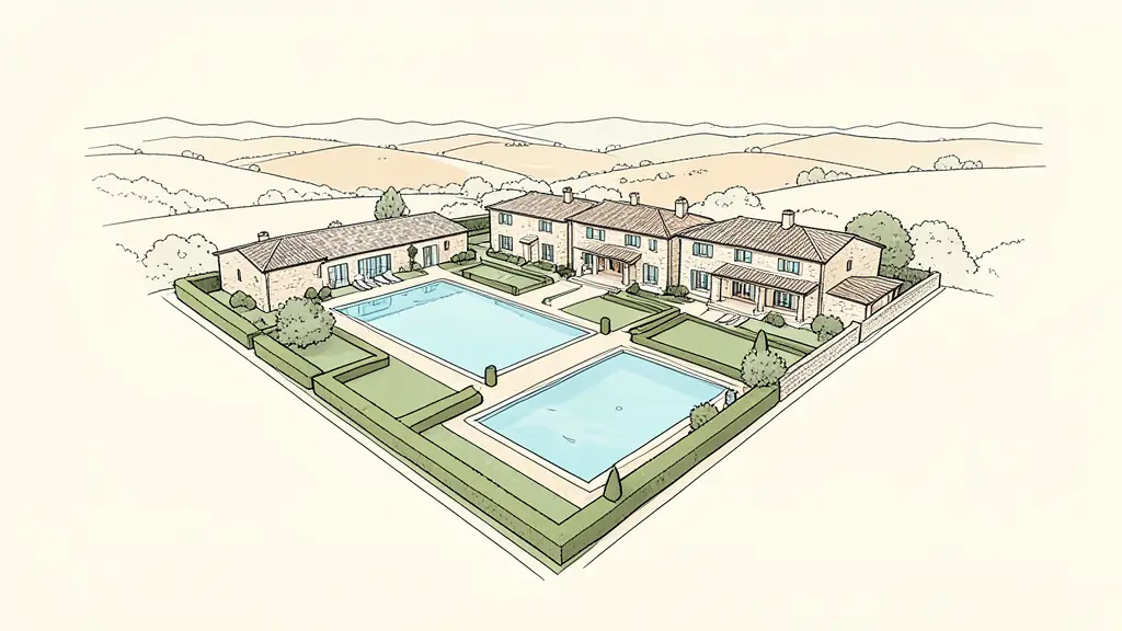 An aerial view of a luxury stone estate in Gascony, showing a large swimming pool, a meticulously manicured garden with geometric hedges, and a clear, unobstructed view of the rolling hills.