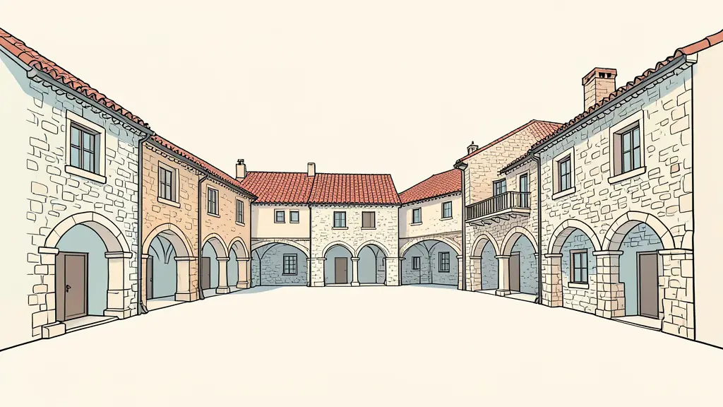 Editorial photograph of a medieval bastide square in Gascony, featuring traditional stone houses with red tiled roofs and ancient arched halls under a soft sunlight