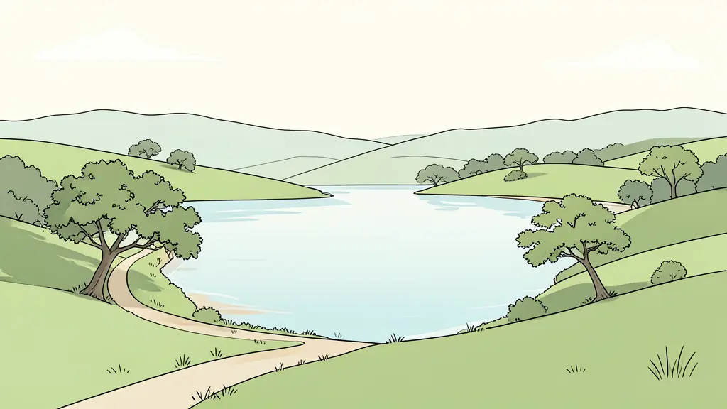 Wide shot of a serene lake in Gascony, surrounded by rolling green hills and a few scattered oak trees, with a walking path along the shore